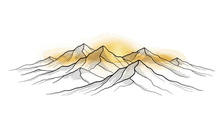 Watercolor mountain range illustration with serene golden sunset hues