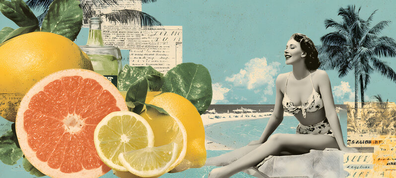 Nostalgic summer collage with vintage cut-and-paste elements, featuring citrus fruits, a retro woman in swimwear, and a tranquil beach scene, evoking a playful and relaxed vacation vibe.
