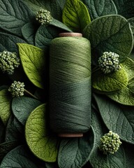 Spool of green thread amidst leaves