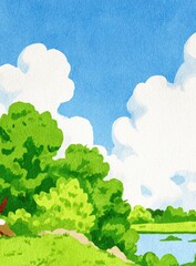 Lush green trees and grass, a serene landscape with a tranquil blue sky and fluffy white clouds, a gentle lake