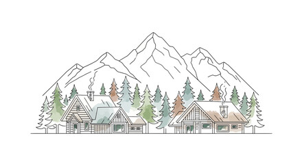 Watercolor winter mountain landscape with cozy cottages and pine trees