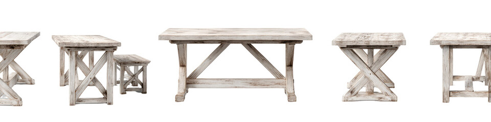 Light gray wooden farmhouse style table and benches
