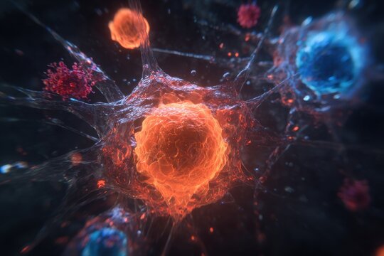 A realistic 3D depiction of virus attack on human cells with a dominant orange cell structure at center, smaller red and blue viral particles surrounding and interacting with it