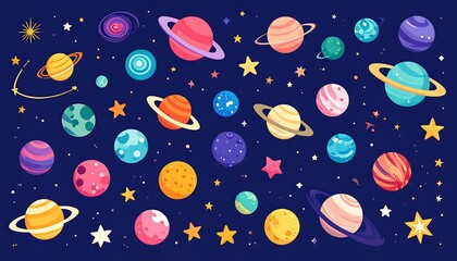 Colorful planets and stars on a dark blue background