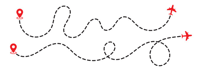 Flying plane with trail symbol. airplane icon with trace path. Travel and tourism concept. Airline flight takeoff silhouette. Black airplane line path with location point icon. eps 10