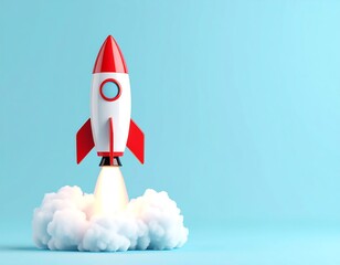 A sleek white and red rocket blasting off into a clear blue sky surrounded by white clouds