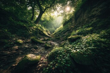 Sunbeams pierce a verdant ravine. Lush foliage, moss-covered rocks, and a trickling stream create a mystical woodland scene