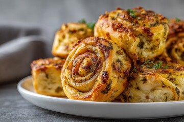 Close-up of golden-brown, cheesy rolls on a plate