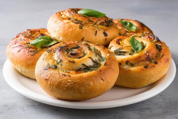 Four baked, spiral-shaped rolls, topped with herbs and cheese, on a plate