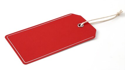 Blank empty red tag label,Vibrant red label tag with metal eyelet and beige twine, ideal for retail packaging, handmade products, or festive gift wrapping.