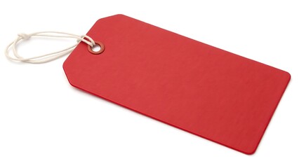 Fototapeta premium Blank empty red tag label,Vibrant red label tag with metal eyelet and beige twine, ideal for retail packaging, handmade products, or festive gift wrapping.