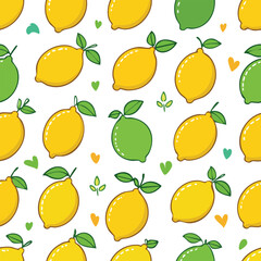 A vibrant and cheerful seamless pattern featuring lemons and limes with leaves on a white background.