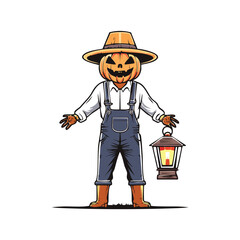 A detailed illustration of a scarecrow with a pumpkin head holding a lantern, perfect for Halloween.