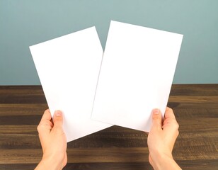 Obraz premium Two blank sheets of paper held by hands