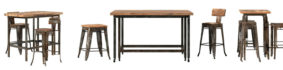 Aged wooden bar stools and a table