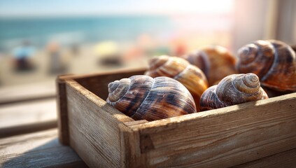 Wooden box filled with seashells, ocean view