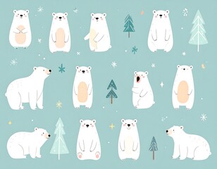 Cute polar bears in various poses, wintery background
