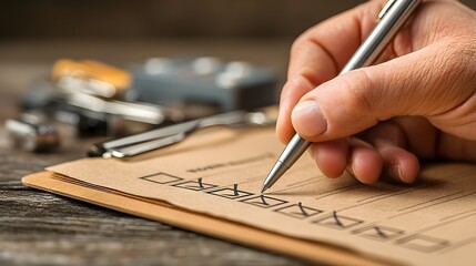 Checking items on a performance checklist in an office setting