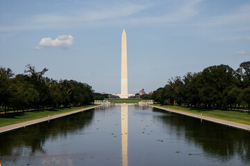 Washington Monument reflected in the Lincoln Memorial Reflecting Pool at National Mall, DC. g.