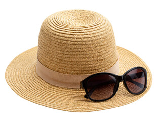 Straw Sun Hat with Sunglasses, isolated on transparent background