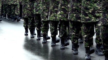 army military Small group of marching soldiers Marching Soldiers with Military Equipment and Armoured - Powered by Adobe