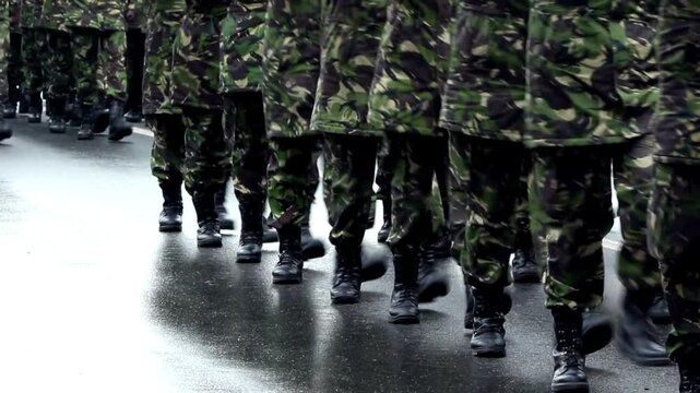 army military Small group of marching soldiers Marching Soldiers with Military Equipment and Armoured