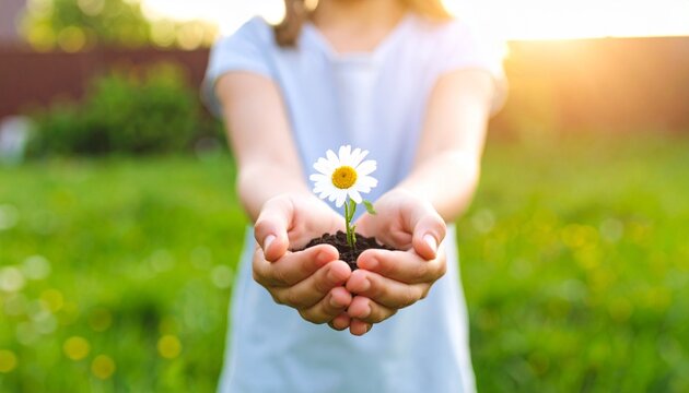 little girl holding a daisy flower with soil in hands in the garden at sunset - Powered by Adobe