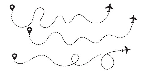 Minimalist airplane travel path with map pins. Dashed route line representing a plane journey, romantic trip, business travel, and flight routes. Destination map line icon, Location map path distance. © Hike Studio 555