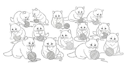 Obraz premium adorable kittens playing with yarn balls a charming black and white illustration perfect for childrens books coloring pages or petthemed designs
