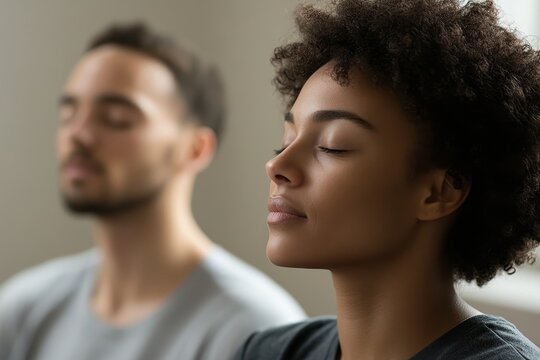 Mindful Breathing Exercise: Woman and Man Practicing Relaxation Techniques