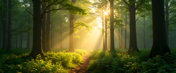 A tranquil forest scene with tall trees and a narrow dirt path illuminated by warm golden sunlight streaming through the lush green foliage on a peaceful morning