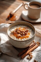 Enjoy a cozy moment with a bowl of warm autumn oatmeal, topped with honey and walnuts, alongside a cup of coffee in a peaceful setting filled with natural light