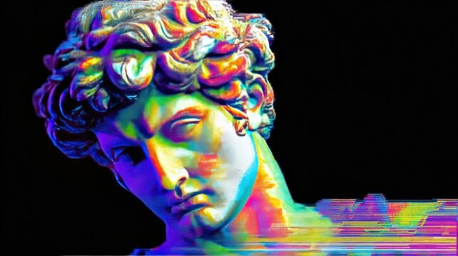 Bust of a classical figure, vibrant neon colors, glitch art overlay