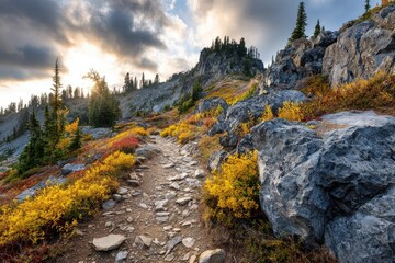 Obraz premium Autumn mountain trail bathed in golden sunlight