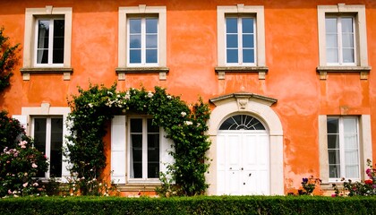 Fototapeta premium Ornate facade of a vibrant orange building
