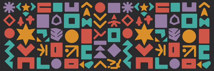 Abstract geometric pattern with colorful shapes and symbols on a dark background. Vector illustration for modern design.