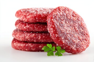 Stack of uncooked seasoned ground beef patties, garnish with parsley. Perfect for illustrating burger recipes or meal prep concepts.