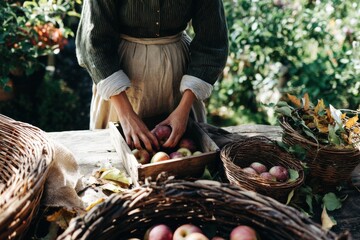 Hands gently place freshly picked apples into a wooden crate while surrounded by woven baskets on a bright autumn afternoon in a lush countryside