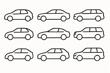 Fototapeta premium Assortment of Automotive Silhouettes: A grid showcases a variety of car silhouettes, each representing a different automobile style and design.