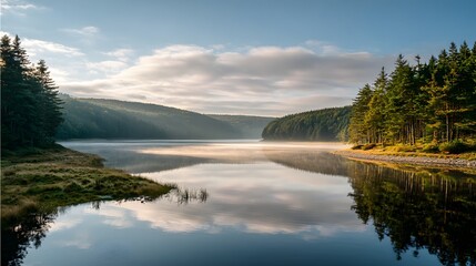 Obraz premium Calm lake reflecting a tranquil sunrise over a forested shoreline.