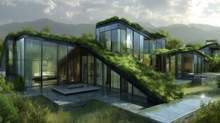 Fototapeta premium Modern Green Roof House with Glass Walls and Lush Vegetation