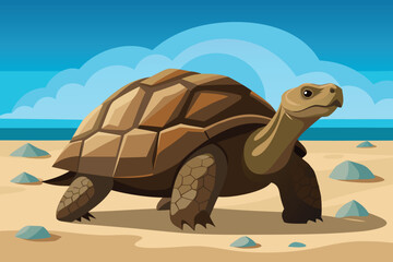 Cartoon Tortoise Walking on the Sandy Beach Under a Clear Blue Sky