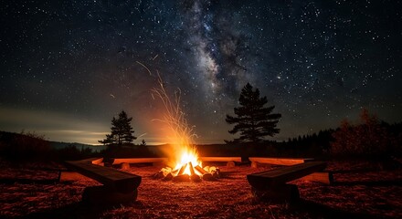 Campfire under the Milky Way: A serene night scene for outdoor enthusiasts and stargazers