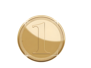 Gleaming golden coin with numeral one isolated on a transparent background metallic