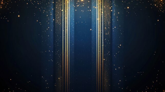 Abstract blue light stripe vertical lines light on dark blue background with gold lighting effect sparkle. Luxury template celebration award design