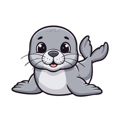 Cute cartoon illustration of a baby seal with big eyes and a friendly expression, waving its flipper.