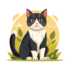 Obraz premium A charming illustration of a tuxedo cat with a white chest, sitting in a grassy area with plants.