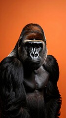 Obraz premium Majestic gorilla portrait against a vibrant orange backdrop digital rendering