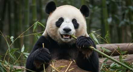 Obraz premium A cute and adorable panda is greedily eating a bamboo shoot. The panda holds the bamboo shoot in its paws, its mouth open as it chews.