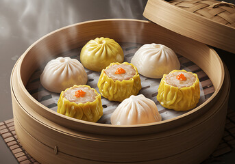 Steaming variety of dumplings in a traditional bamboo steamer.